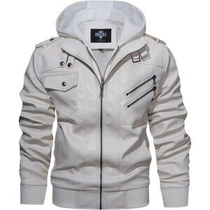 Mens White HOOD CREW Faux Leather Motorcycle Bomber Jacket Removable Hood